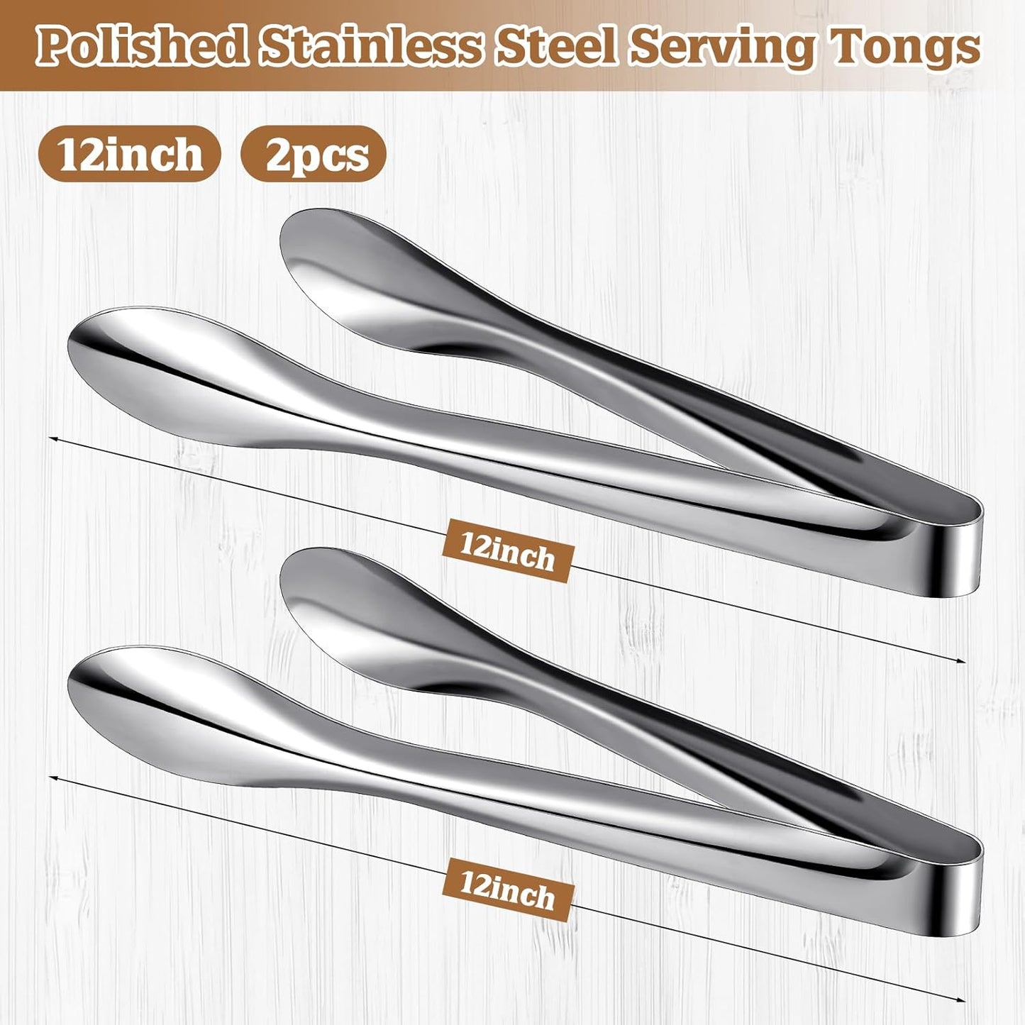2 Pack Polished Stainless Steel Serving Tongs 9 and 12 Inch Metal Food Silver Tong for Buffet Salad BBQ Grilling Heavy Duty Kitchen Utensils for Cooking Catering Wedding Party