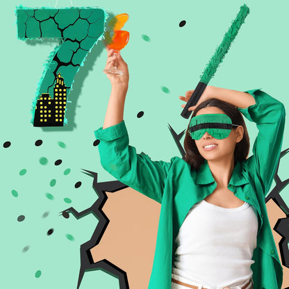 Poen Large Green Turtle Piñata Party Decoration Supplies Number 4 5 6 7 Piñata with Blindfold Stick and Confetti for Turtle Theme Birthday Party Baby Shower Photo Props Decoration(Number 7)