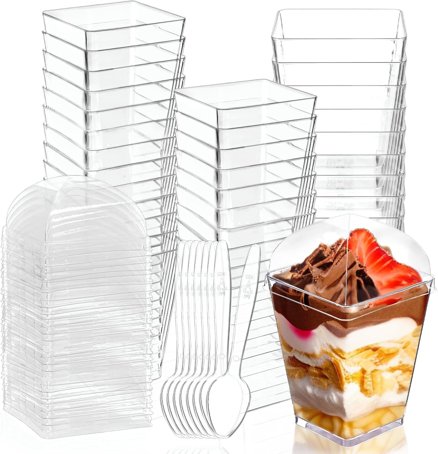 50Pack 5oz Plastic Dessert Cups with Lids and Spoons, Square Clear Parfait Appetizer Cups, Mini Reusable Shooter Serving Cups, Party Dessert Shot Glasses for Tasting