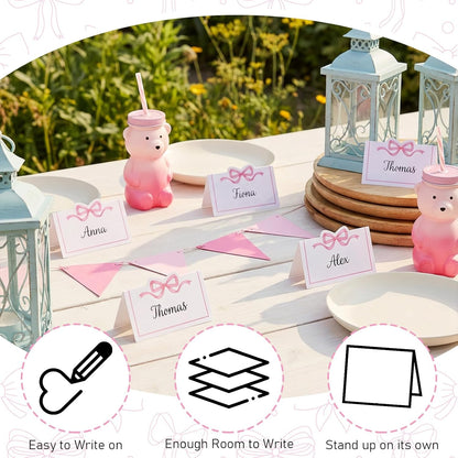 Wedding Place Cards, 50 Pcs Pink Bow Name Cards for Table Setting, Folded Tent Card for Baby Shower, Bachelorette Party & Bridal Shower, 3.54 x 1.96 Inch (Pink)