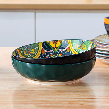 vancasso Large Serving Bowls, 78 Oz Extra Large Salad Bowls Set of 2, Bohemian Decorative Bowls for Salad, Fruit, Pasta and Dinner, Serving Dishes Set for Party, Dishwasher & Microwave Safe－Red