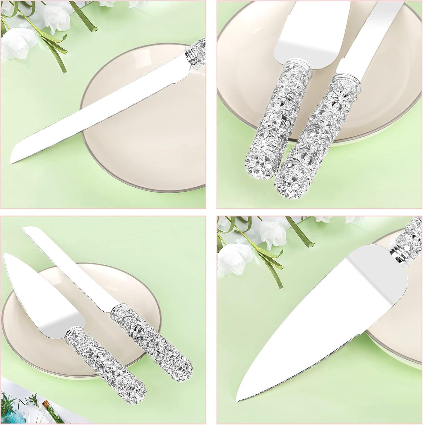 Gold Cake Knife and Server Set - 2 Piece Dessert Set Metal Handle with Crystal Stones Decoration for Wedding, Anniversary Party Birthday Banquets and Gifts for Bride and Groom