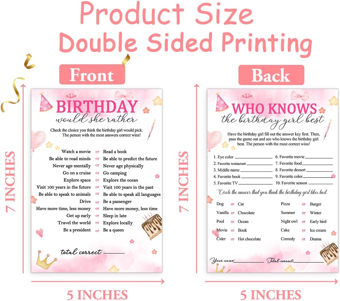 Birthday Party Cards for Girl, Birthday Games Card, Would She Rather Game Cards Set, Birthday Supplies Activity Decorations for Adult Girl, Set of 30 Game Cads