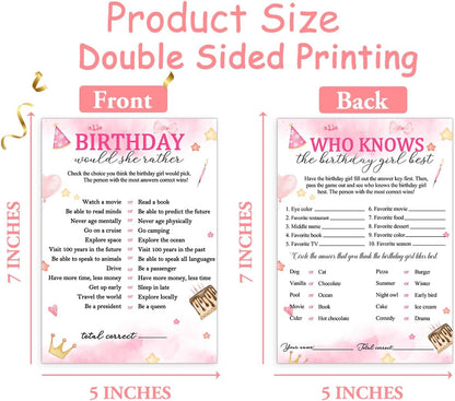 Birthday Party Cards for Girl, Birthday Games Card, Would She Rather Game Cards Set, Birthday Supplies Activity Decorations for Adult Girl, Set of 30 Game Cads