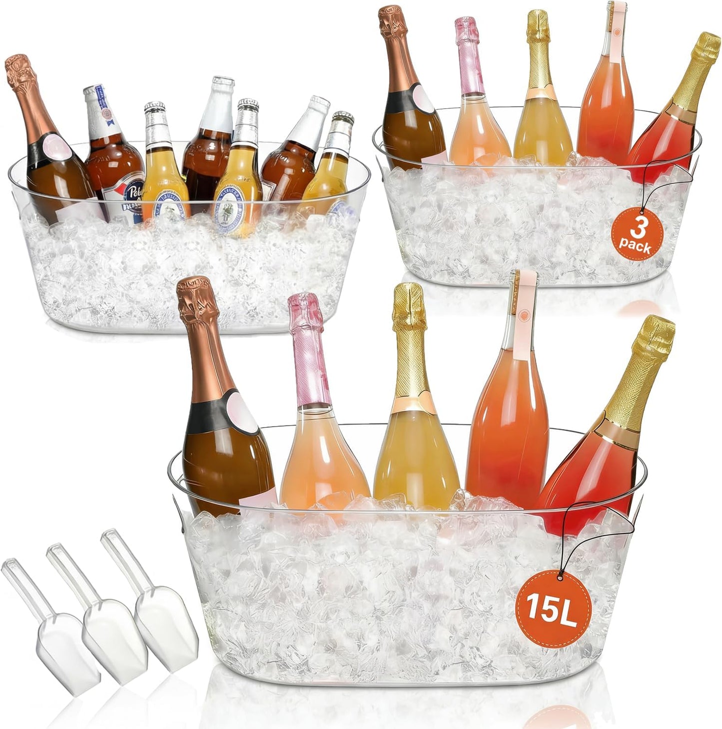 2 PCS Ice Buckets for Parties, 15L Large Ice Bucket, 4 Gallon Champagne Bucket with Scoops, Beverage Tub Mimosa Bar Supplies for Champagne, Beer, Cocktail