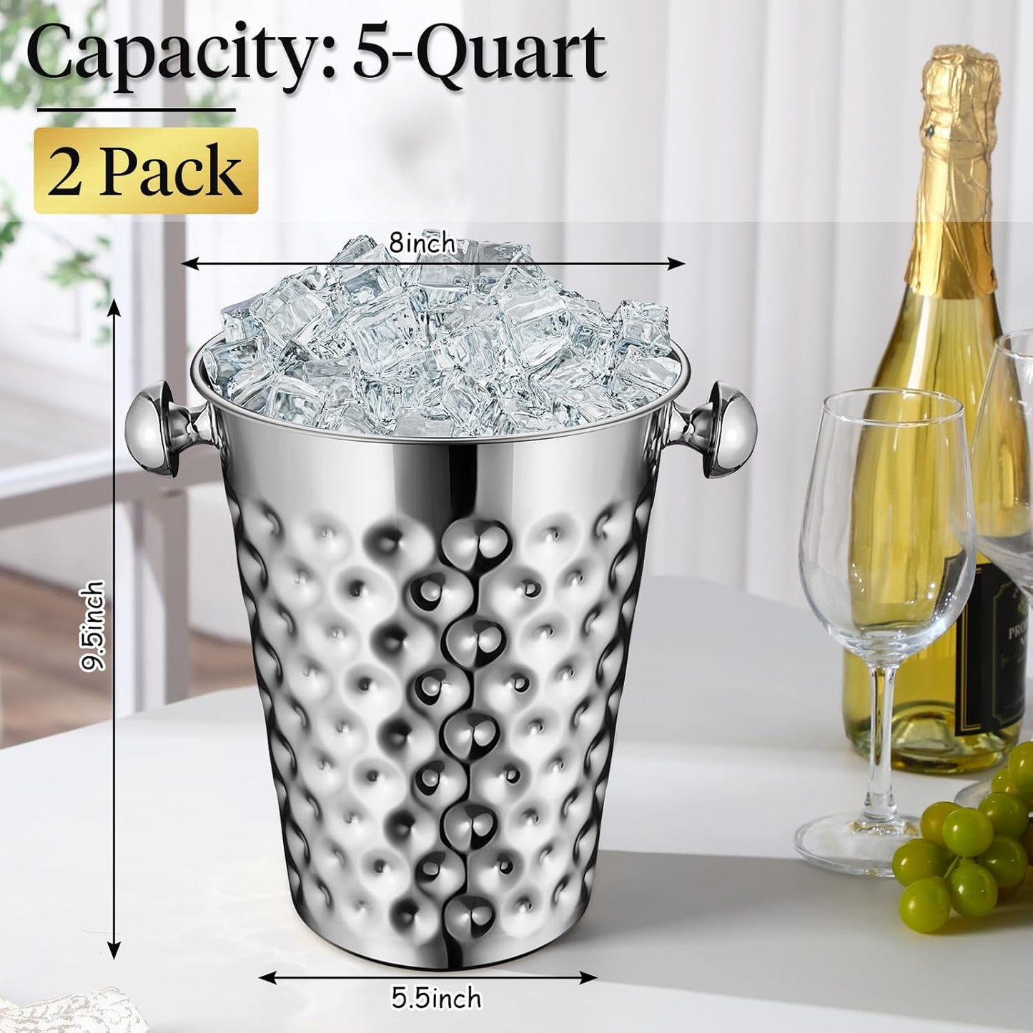 MorningRo 2 Pcs 5 Quart Black Champagne Ice Bucket 4.7 L Metal Doublewall Hammered Stainless Steel Wine Beer Chiller Home Bar Accessories for Football Sports Wedding Party Summer BBQ (Beveled Mouth)