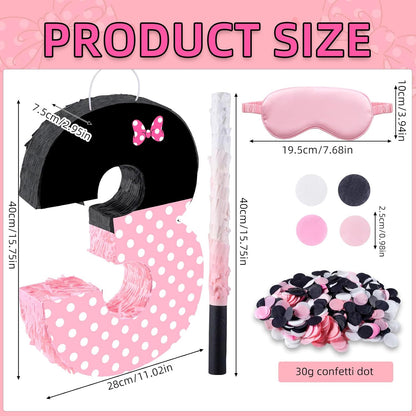 15.7 x 11.5 x 3 Inch Pink Bow Number 2 Pinata,Pink Bow Birthday Decorations, Fillable Hanging Piñata with Stick Blindfold Confetti for Girls Boys 2nd Anniversary Party Decorations
