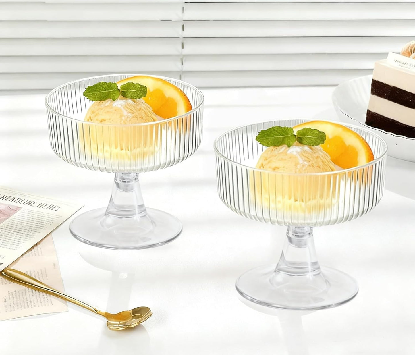 40 Pack 6.8 oz Dessert Cups with Spoons, Clear Ribbed Ice Cream Bowl with Retro Stripes, Mini Dessert Shooter for Pudding Fruit, Elegant Parfait/Sundae Bowls for Party & Home Use