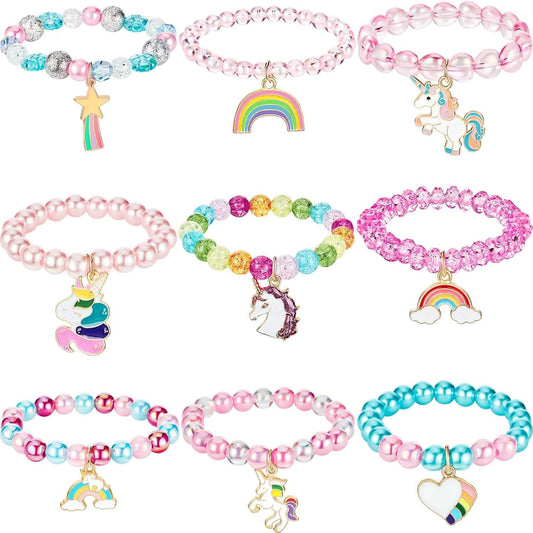 Hicarer 9 Pcs Unicorn Rainbow Bracelets Beaded Jewelry for Unicorn Party Favors Gala Accessories Piñata Stuffers Goodie Bag Fillers Gift(Crystal Style)