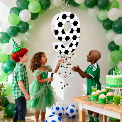 16Inch Soccer Ball Number 9 Piñata Includes Wooden Stick, Blindfold, and Confetti for for Kids 7th Anniversary Sport Themed Party Birthday Supplies