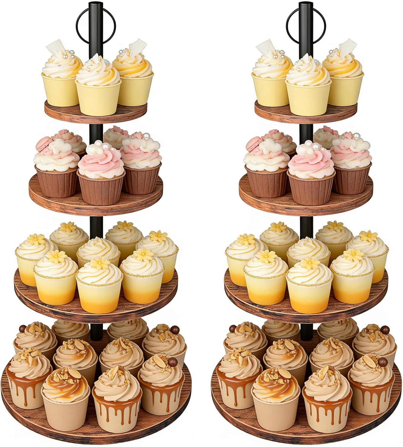 Cupcake Stand, 2 Pack Rustic Wood Cake Stand, 3 Tier Cupcake Tower Round Tiered Tray Stand for Dessert Table Display, Industrial Wooden Serving Stand Wedding, Graduation and Baby Shower