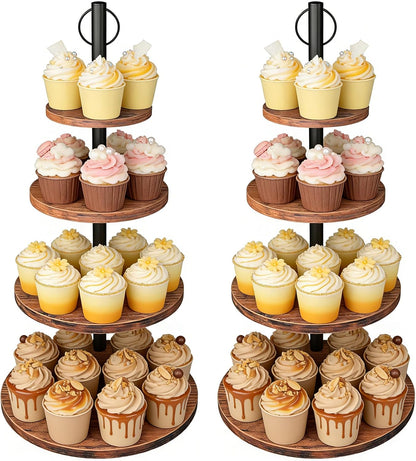Cupcake Stand, 2 Pack Rustic Wood Cake Stand, 3 Tier Cupcake Tower Round Tiered Tray Stand for Dessert Table Display, Industrial Wooden Serving Stand Wedding, Graduation and Baby Shower