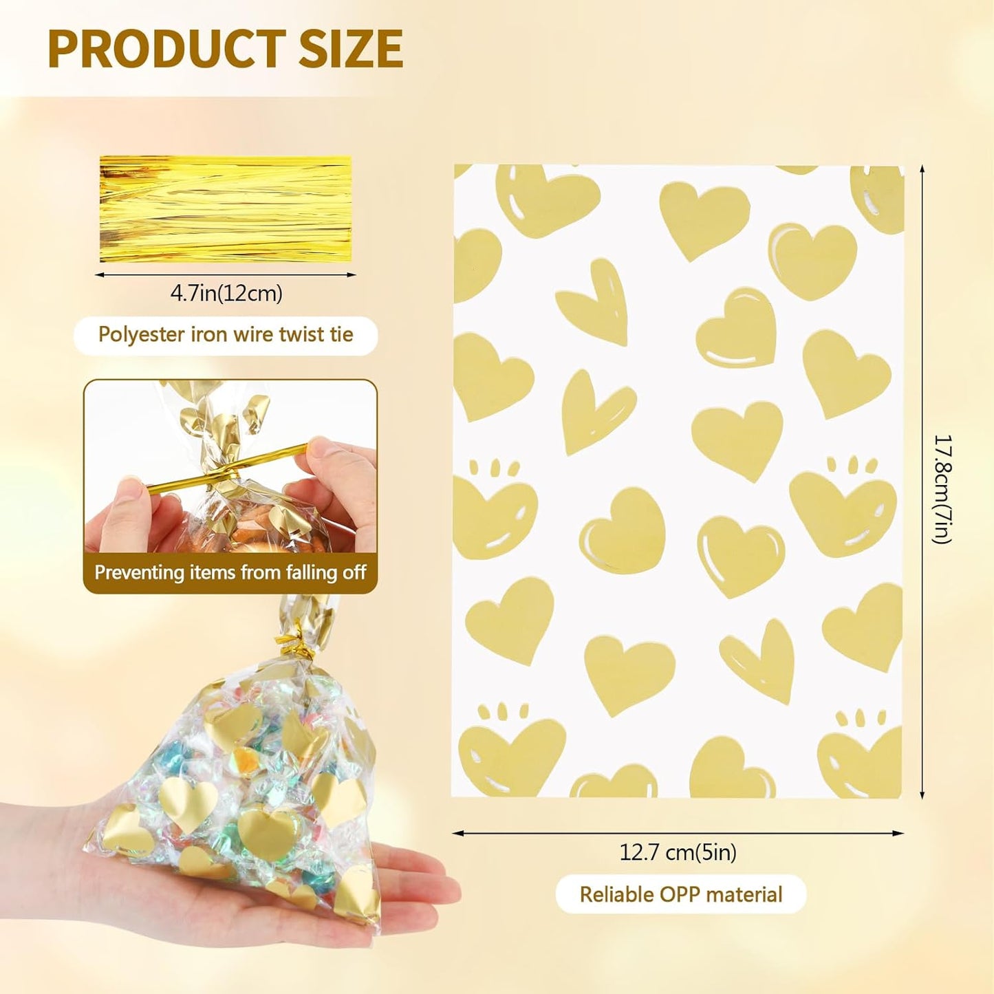 100 Pcs Star Printed 5"X 7" Gift Wrap Cello Cellophane Treat Bags Party Favor bags Clear Candy Cookie Bag Plastic Poly Goodie Storage Bag with Twist Ties for Bakery,Birthday, Wedding ,Party Decorations (Gold)