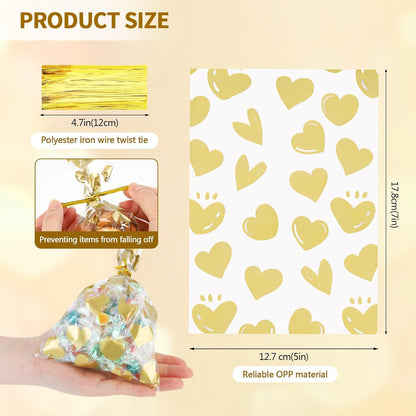 100 Pcs Star Printed 5"X 7" Gift Wrap Cello Cellophane Treat Bags Party Favor bags Clear Candy Cookie Bag Plastic Poly Goodie Storage Bag with Twist Ties for Bakery,Birthday, Wedding ,Party Decorations (Gold)