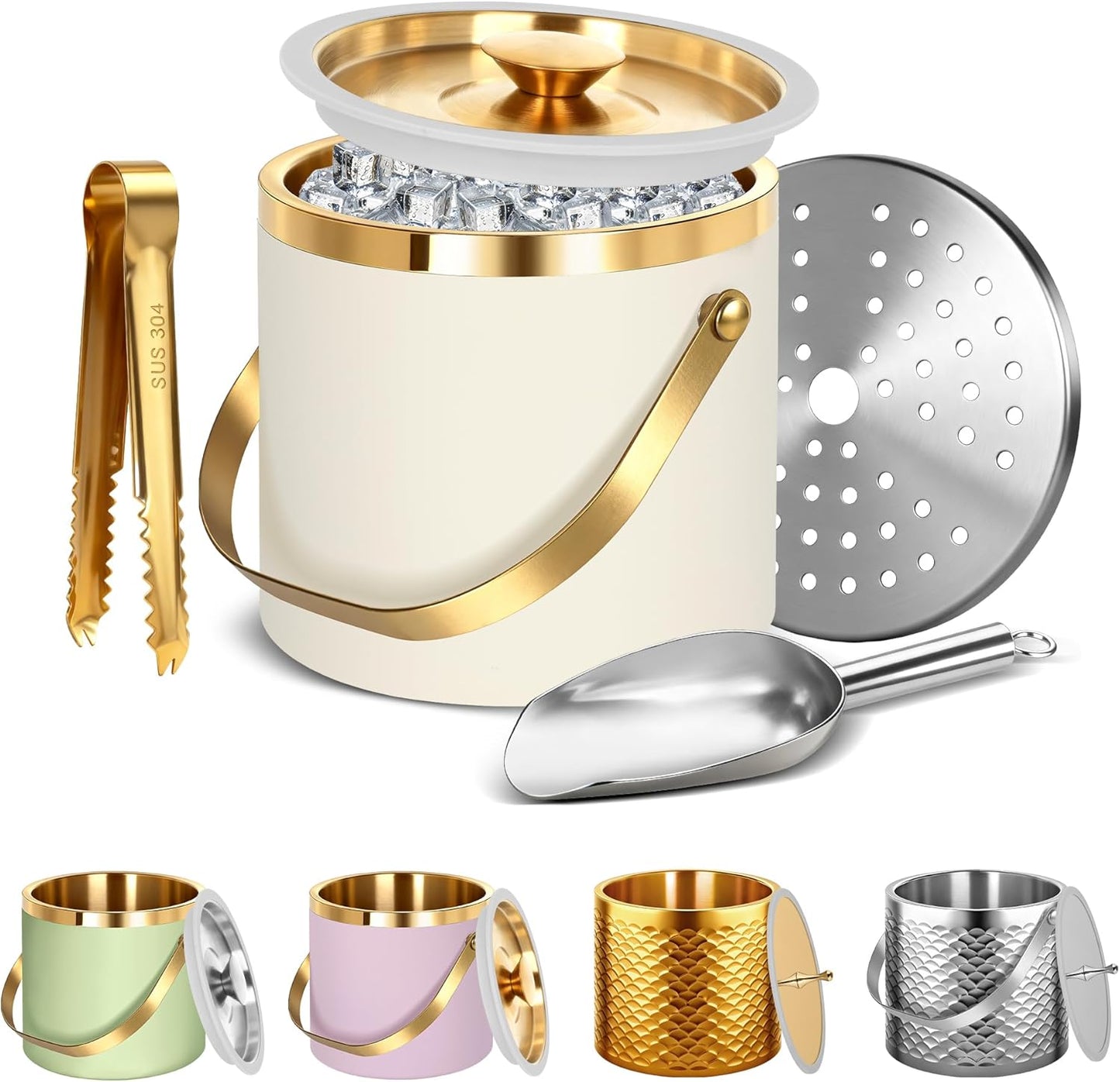 Ice Bucket, Ice Bucket with Silicone Sealing Ring Double-Wall Vacuum Insulation Champagne Buckets with Filter Layer Ice Tongs Ice Scoop (Gold, 3 L)