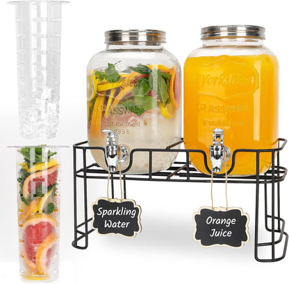 Glass Drink Dispensers For Parties, 2 PACK 1 Gallon Beverage Dispenser With Wooden Lids, Metal Stand And Spigot 100% Leak proof. Lemonade Dispenser With Chalk board