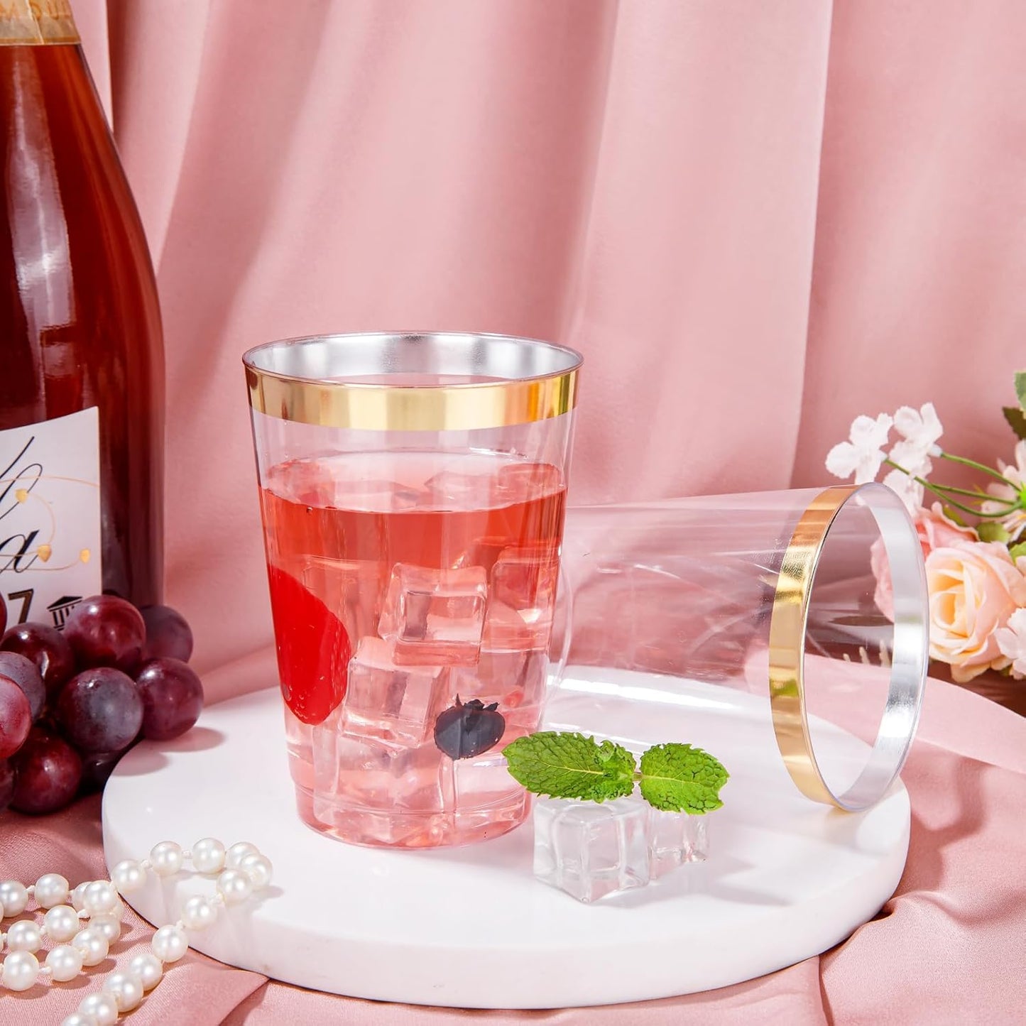 I00000 100 Pack 12 oz Gold Plastic Cups, Gold Rimmed Disposable Cups, Disposable Wine Glasses Cocktail Glasses Premium Cup with Golden Rim, 12 Ounce Plastic Tumblers for Party & Wedding