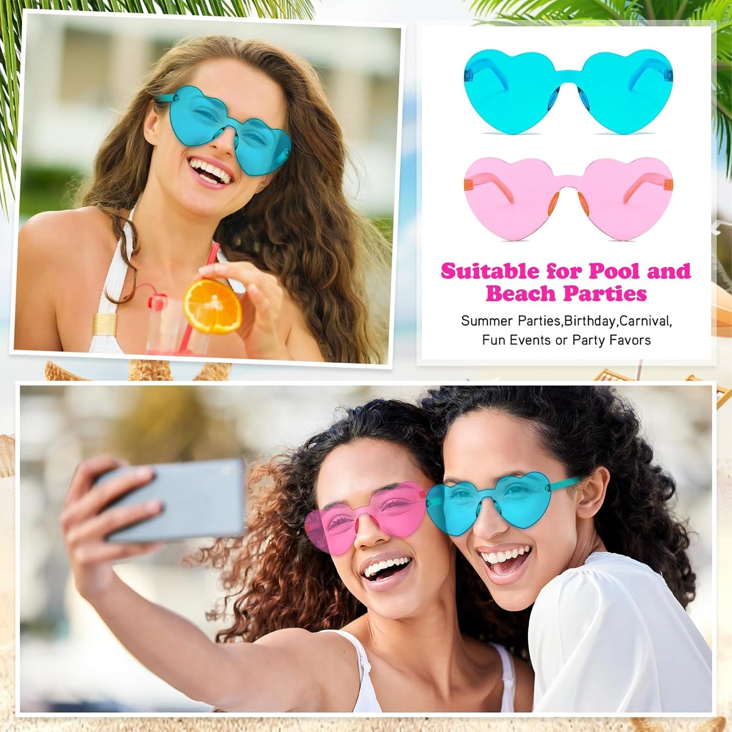 Matcheck 16 Heart Shaped Rimless Sunglasses Transparent Candy Colored Glasses Frameless Party Eyewear for Women