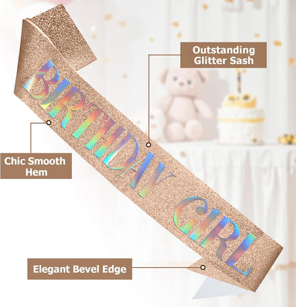 RUDONG M Birthday Girl Sash Glitter - Silver Birthday Sash for Women & Girls | Sweet 16/18th/21st/30th/40th/50th/60th/70th, All-Age Celebration Party Decor