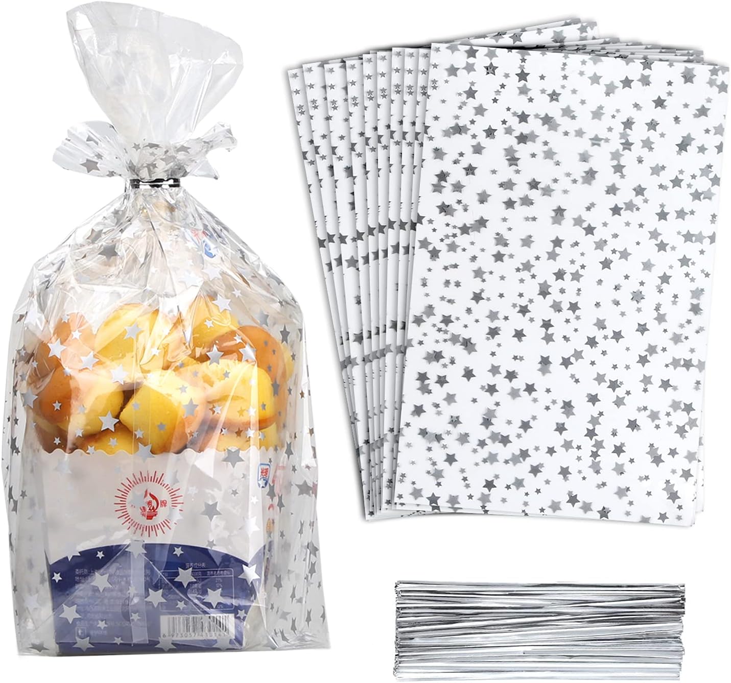 100 Pcs Star Printed 5"X 7" Gift Wrap Cello Cellophane Treat Bags Party Favor bags Clear Candy Cookie Bag Plastic Poly Goodie Storage Bag with Twist Ties for Bakery,Birthday, Wedding ,Party Decorations (Gold)