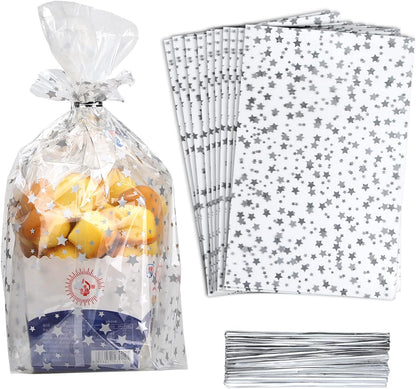 100 Pcs Star Printed 5"X 7" Gift Wrap Cello Cellophane Treat Bags Party Favor bags Clear Candy Cookie Bag Plastic Poly Goodie Storage Bag with Twist Ties for Bakery,Birthday, Wedding ,Party Decorations (Gold)