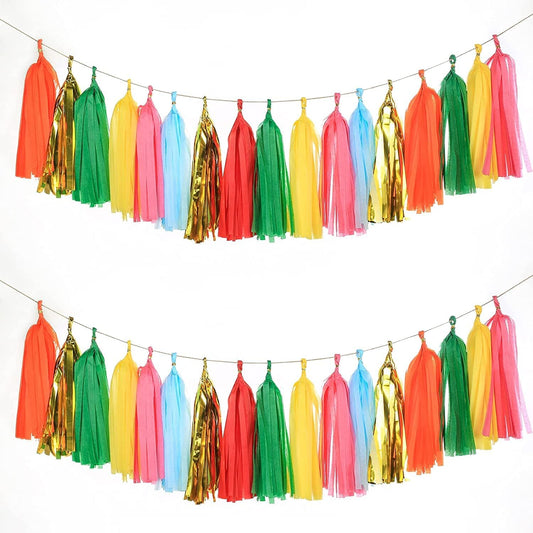 35 PCS Green Orange Gold Mylar Tassel Garland Tissue Paper Tassels Banner DIY Kit Baby Shower Fiesta Bachelorette Party Decorations