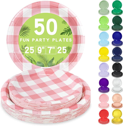 LANLISA 50 Pcs Pink Paper Plates Disposable, 25-9" & 25-7" Disposable Birthday Cake Dessert Plates For Valentines Day, Baby Shower, Easter Party, Mothers Day Party Supplies
