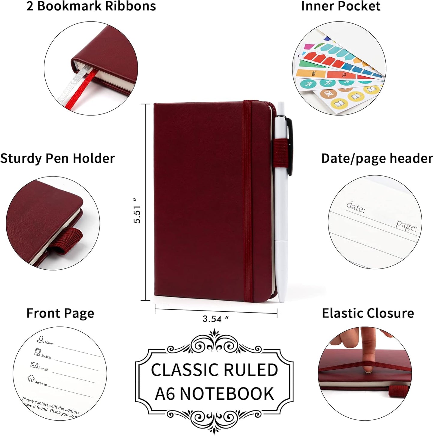 feela 6 Pack Pocket Small Notebooks Bulk, Mini Cute Memo Notepads Hardcover College Ruled Lined Journals with Pen Holder for Women Girls Office School, with 6 Black Pens, 3.5”x 5.5”, A6, Rose Pink
