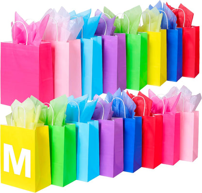 BLEWINDZ 32 Pieces Gift Bags with 32 Tissues, 8 Colors Party Favor Bags with Handles, Rainbow Gift Bag for Wedding, Birthday, Party Supplies and Gifts