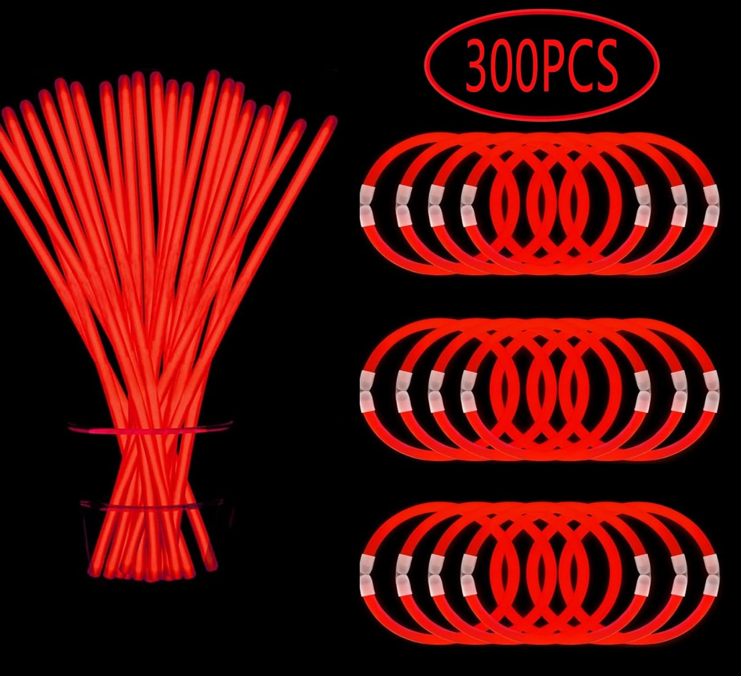300 PCS Glow Sticks Bulk Glow Bracelet and Necklaces with 150PCS Connectors 8" Glowsticks Light Up Neon Party Favors for July 4th Halloween Wedding Birthday Hawii Carnival(RedBlueWhite)