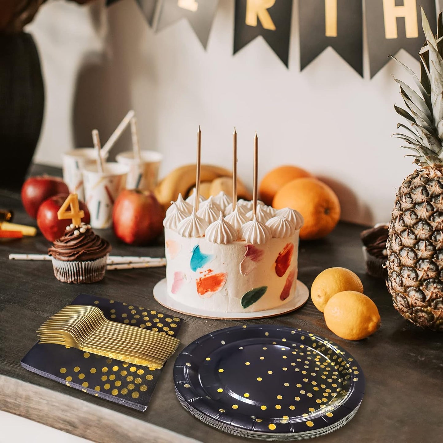 White and Gold Paper Plates Napkins Party Supplies,Disposable Gold Dot Paper Dessert Plates,105 PCS Birthday Plates and Napkins Party Supplies for Wedding(Serves 35 Guests 7")