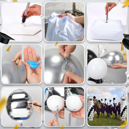 2 Sets Blue and Black White Graduation Balloon Column Stand Kit for Class of 2026, Adjustable Floor Balloon Arch Tower with Foil & Latex Balloons, DIY Decor for Grad Ceremony Backdrop