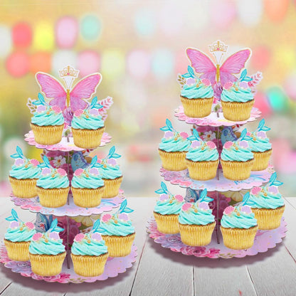 MRPAPA Pink Cardboard Cupcake Stand,2PCS Cup Cake Holder Thick Paper Dessert Tray, 3-Tier Round Serving Tray Perfect for Baby Girls Pink and Gold Birthday Baby Shower Party Supplies