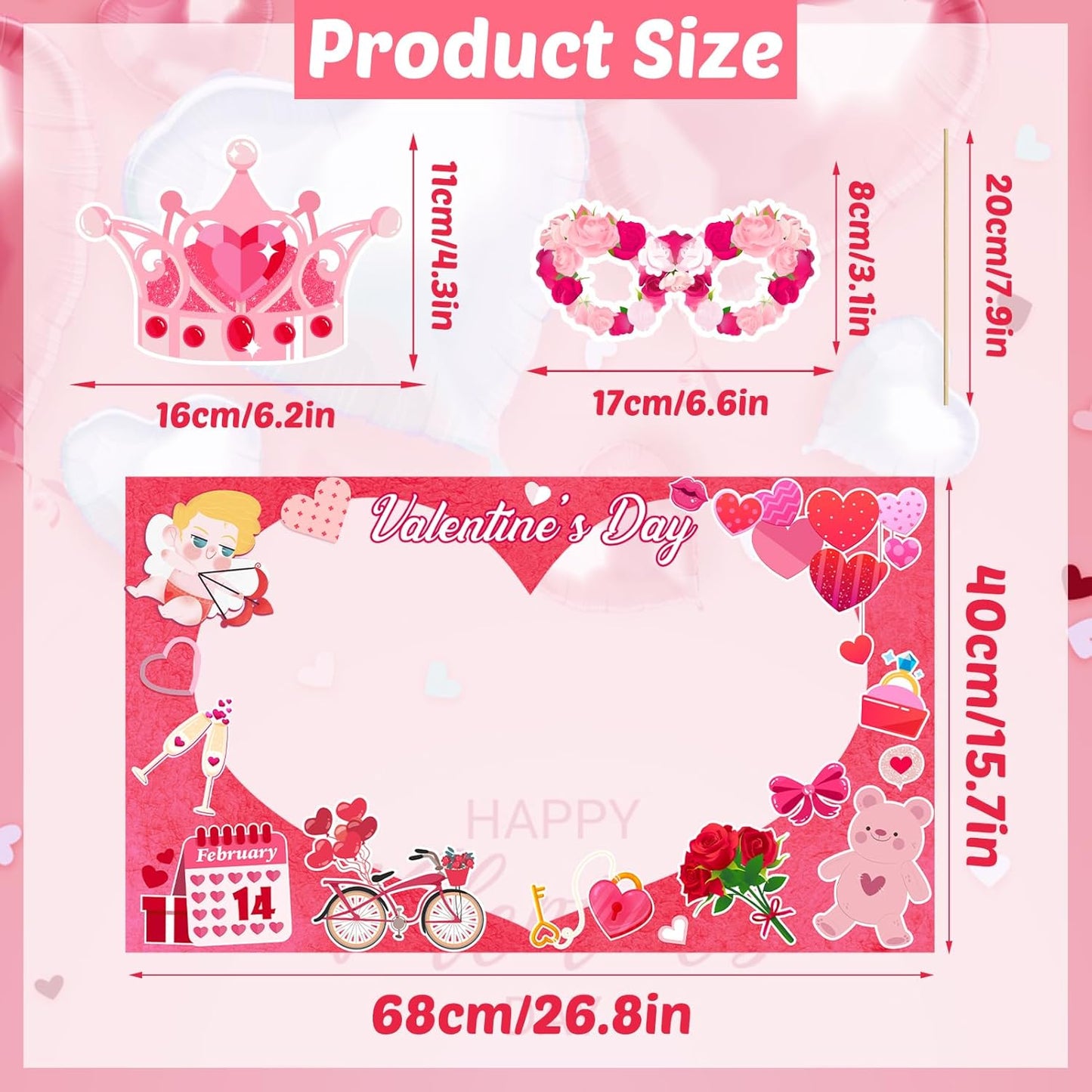 Valentine's Day Photo Booth Props - 1 Pcs Large Size Valentines Photo Props Frame and 23 Pcs Happy Lovers Selfie Photo Booth Props for Valentines Day Party Decorations Favors Supplies