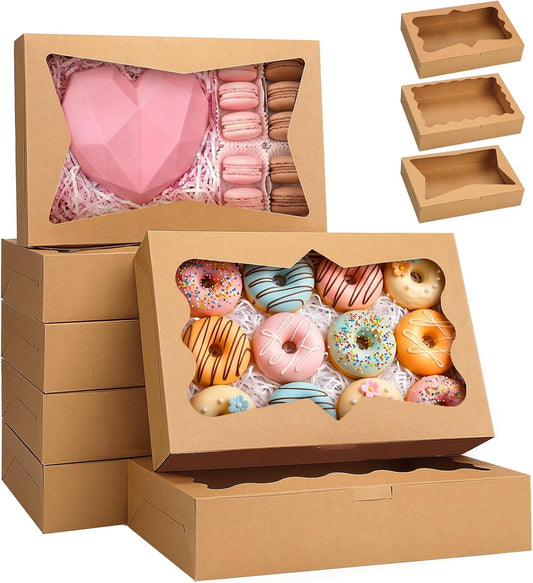 TOMNK 7pcs Cookie Boxes, 12x8x2.5 Inches White Bakery Boxes with 3 Style Window for Chocolate Covered Strawberries, Treats, Breakable Heart, Pastries, Desserts and Cake Pops