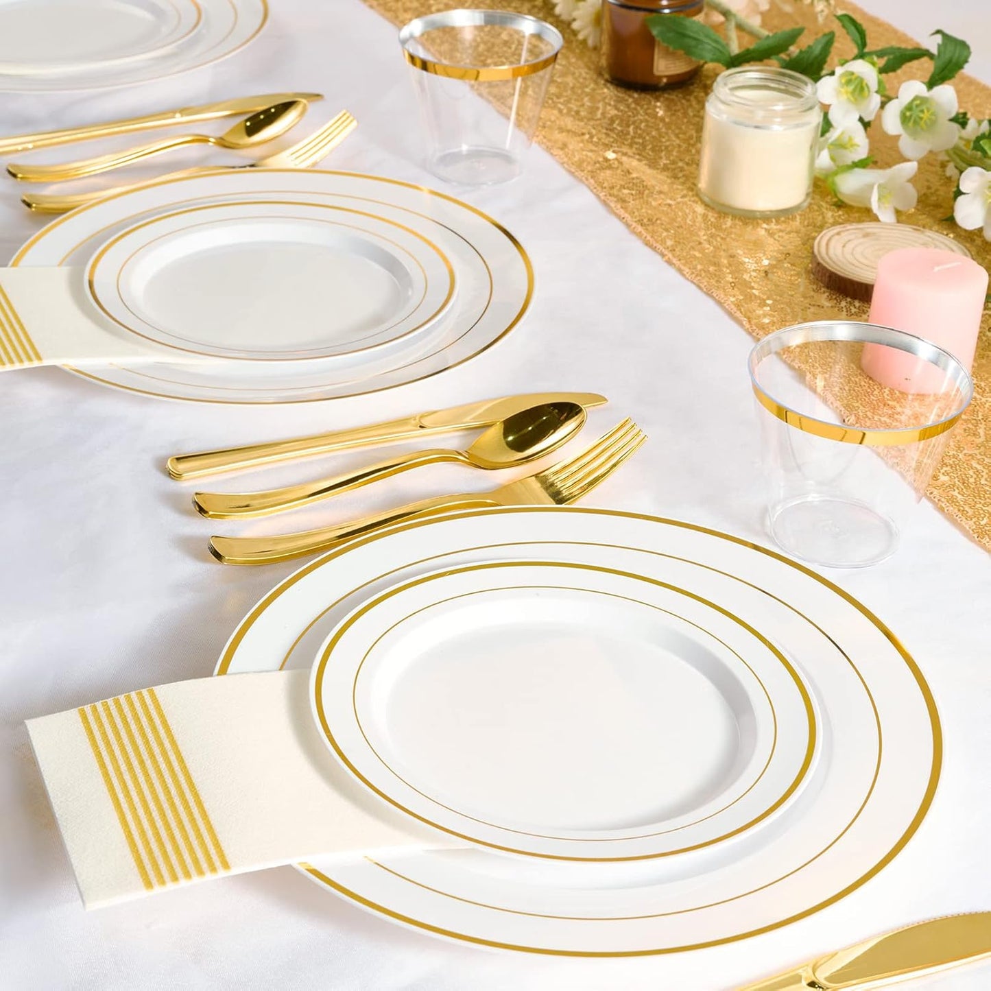 FOCUSLINE Silver Plastic Plates Set of 60, Disposable Plates with Silver Rim 30 Dinner Plates 10" and 30 Salad Dessert Appetizer Plate 7", Elegant Fancy Heavy Duty Wedding Party Plates