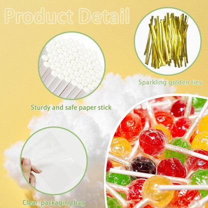 4-inch White Lollipop Sticks and Bags Set, 100Pcs Paper Candy Sticks,100Pcs Clear Bags, 100Pcs Twist Ties for Hard Candy, Chocolate, Cookie, Dessert (Gold)
