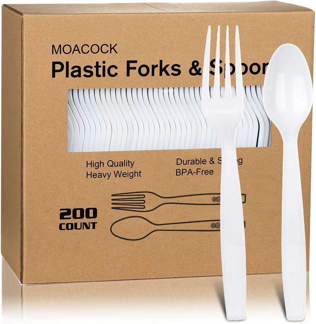 MOACOCK 200 Count Plastic Silverware, Heavy Weight Plastic Forks Spoons Disposable Utensils Cutlery Set for Wedding Party Supplies Everyday Use