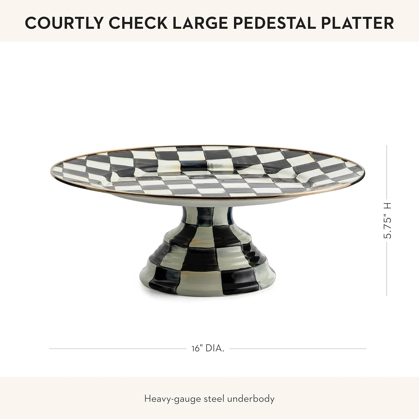 MACKENZIE-CHILDS Enamel Pedestal Platter, Round Cake Stand, Large, Black-and-White Courtly Check