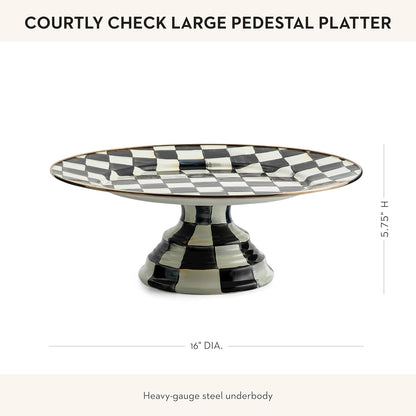 MACKENZIE-CHILDS Enamel Pedestal Platter, Round Cake Stand, Large, Black-and-White Courtly Check