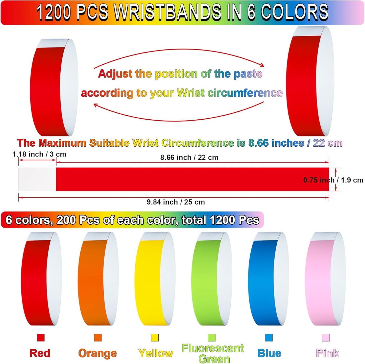 1200 Pcs Plastic Paper Wristbands for Events Neon Color Wrist Bands Concert Identification Wristbands Paper Bracelets Wristbands Party Hand Bands (Multicolor)