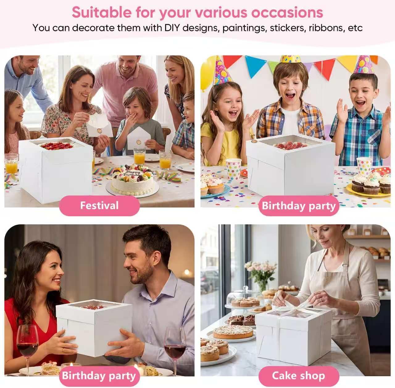 2 Pack 12 x 12 x 8 in Cake Boxes with Window & Cake Boards — Disposable Cake Carrier Boxes with Lid, Includes Stickers, Envelopes, Greeting Cards & Ribbon — Bakery Boxes for Cakes & Cupcakes
