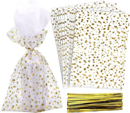 100 Pcs Star Printed 5"X 7" Gift Wrap Cello Cellophane Treat Bags Party Favor bags Clear Candy Cookie Bag Plastic Poly Goodie Storage Bag with Twist Ties for Bakery,Birthday, Wedding ,Party Decorations (Gold)