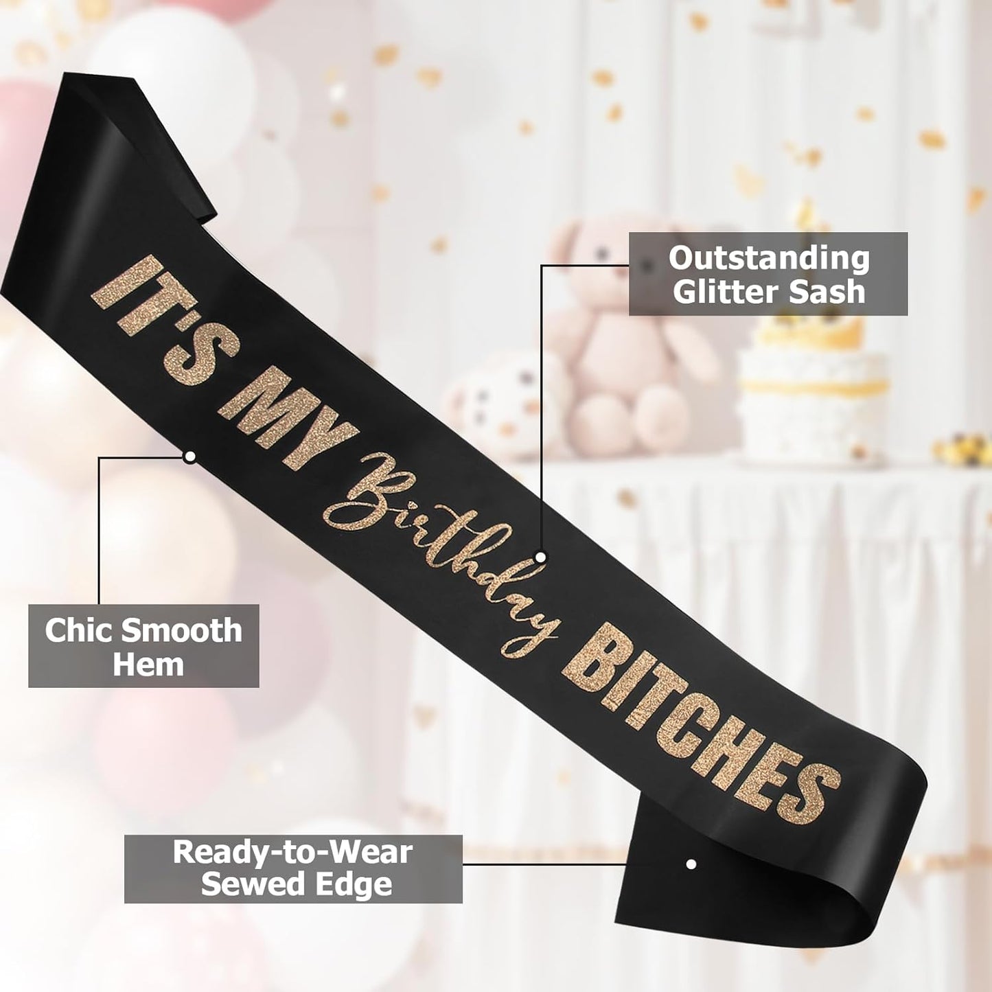 RUDONG M It's My Birthday Bitches Sash - Black Birthday Sash with Rose Gold Glitter for Women & Girls | Sweet 16/18th/21st/30th/40th/50th/60th/70th, All-Age Celebration Party Decor