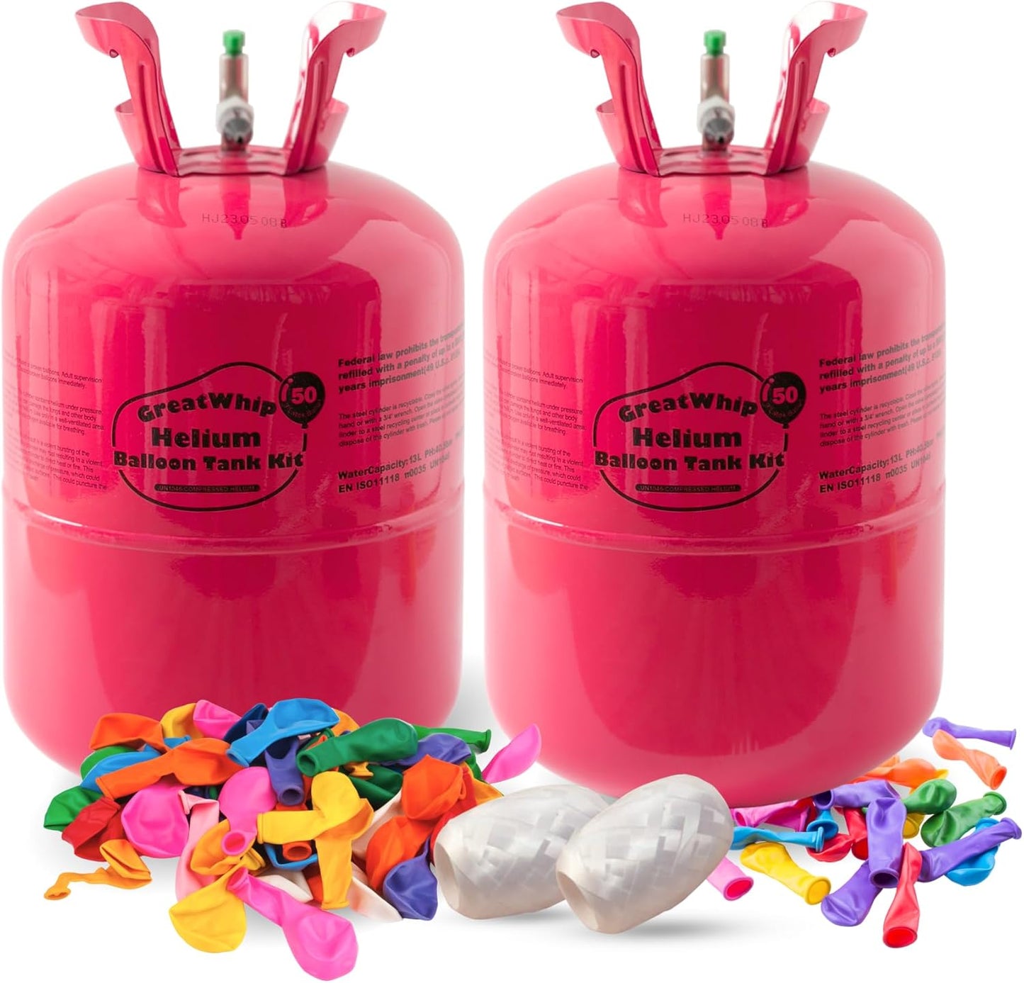 GreatWhip 13L Helium Tank Up To 50 Latex Balloons, Helium Tank For Balloons At Home, 50 Latex Balloons And Ribbons Included.