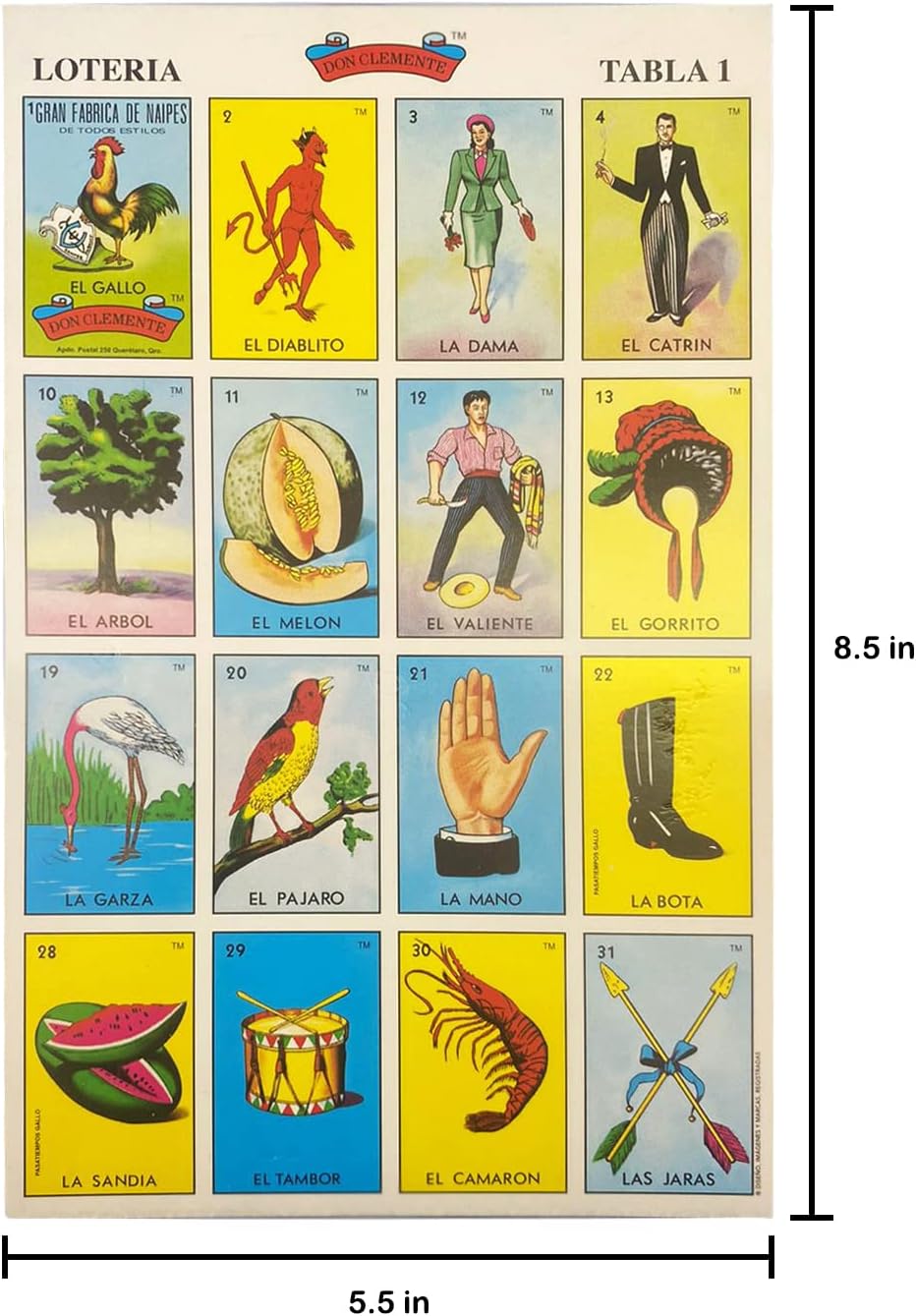 Loteria Mexicana Tradicional Mini Don Clemente 20 Jugadores 160 Fichas - Mexican Bingo Medium Board Game Set 160 Counting Plastic Chips for 20 Players with Deck of 54 Cards and 20 Boards