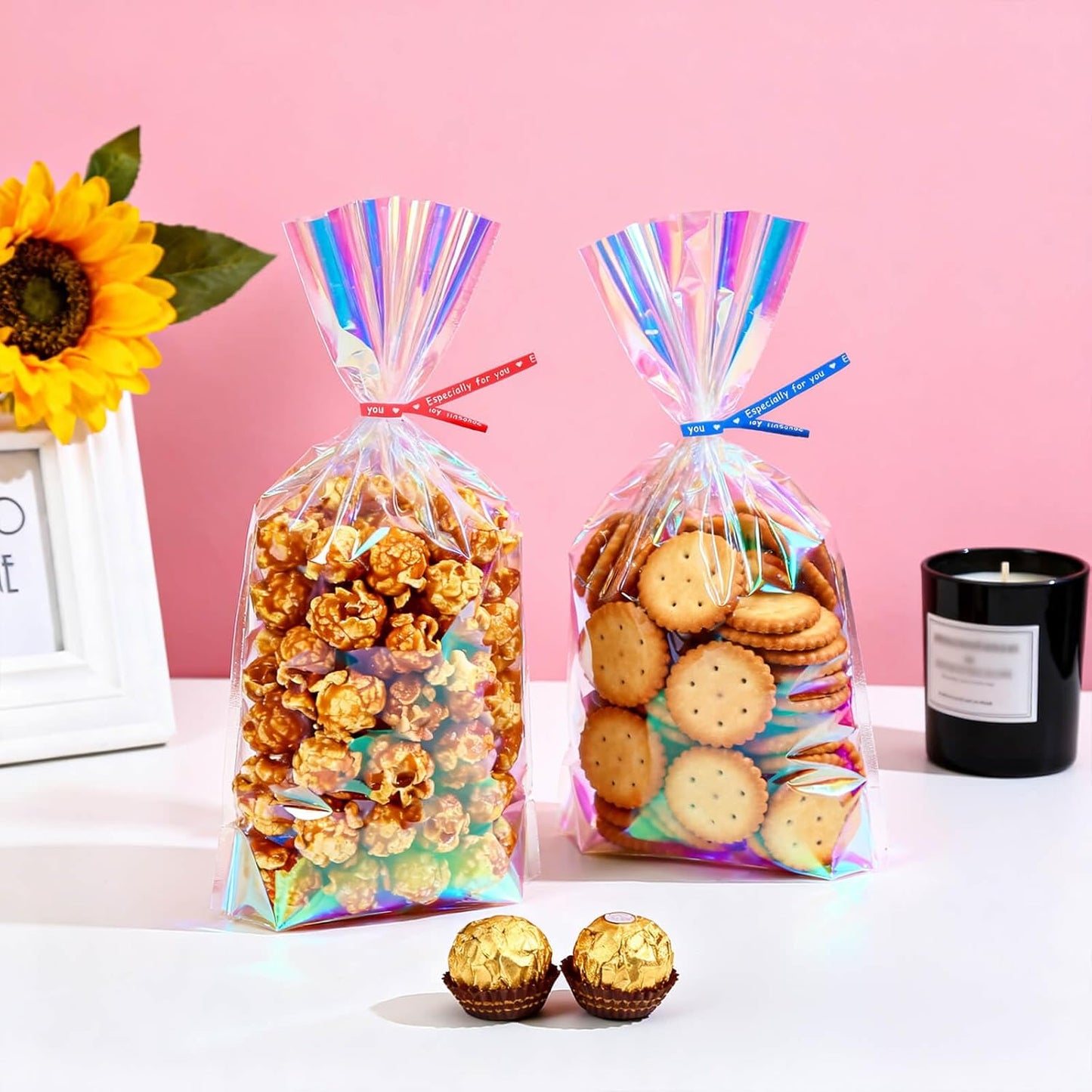 5x7 Inch Iridescent Cellophane Treat Bags with Twist Ties, Treat Bags for Candy Cookie Goodie Chocolates, And Popcorn