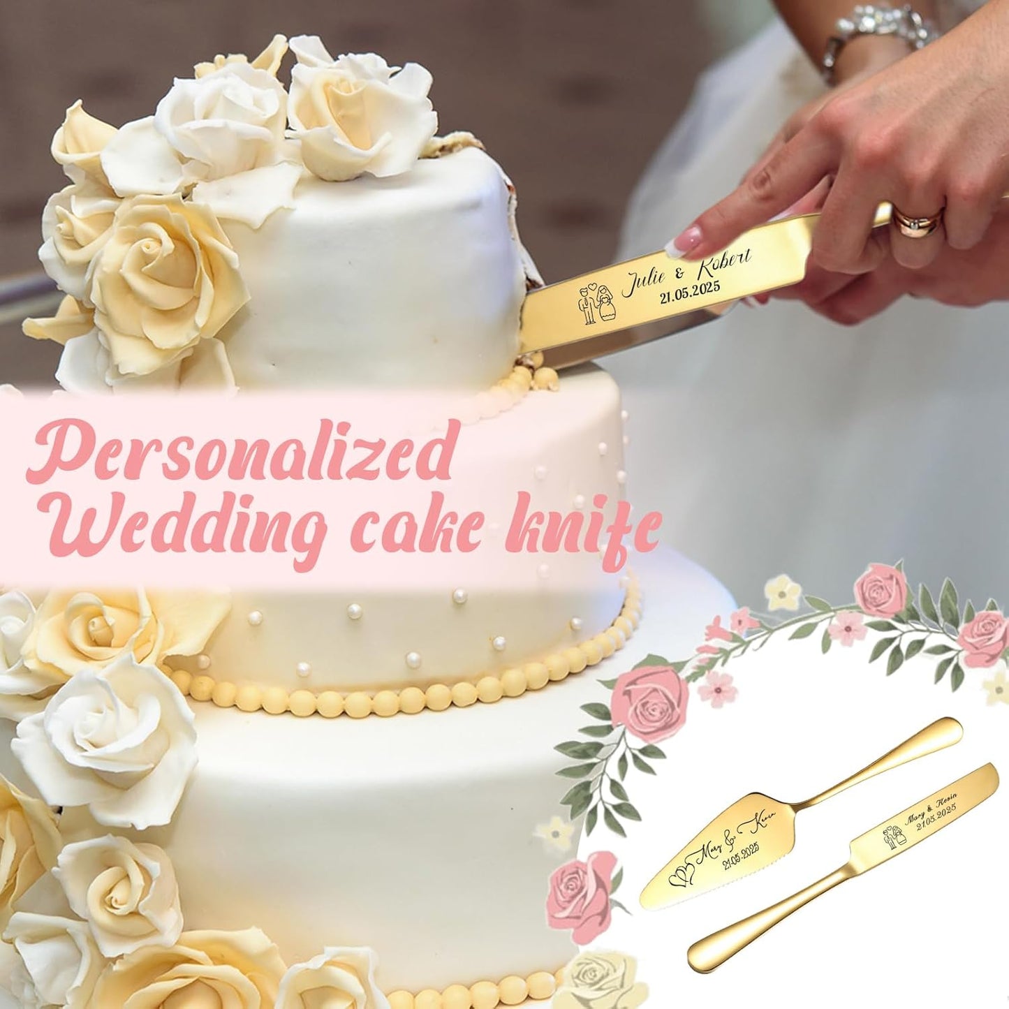 Personalized Cake Cutter Custom Wedding Cake Knife and Server Set Stainless Steel Cake Cutting Set Customize Gifts for Wedding Birthday (Black)