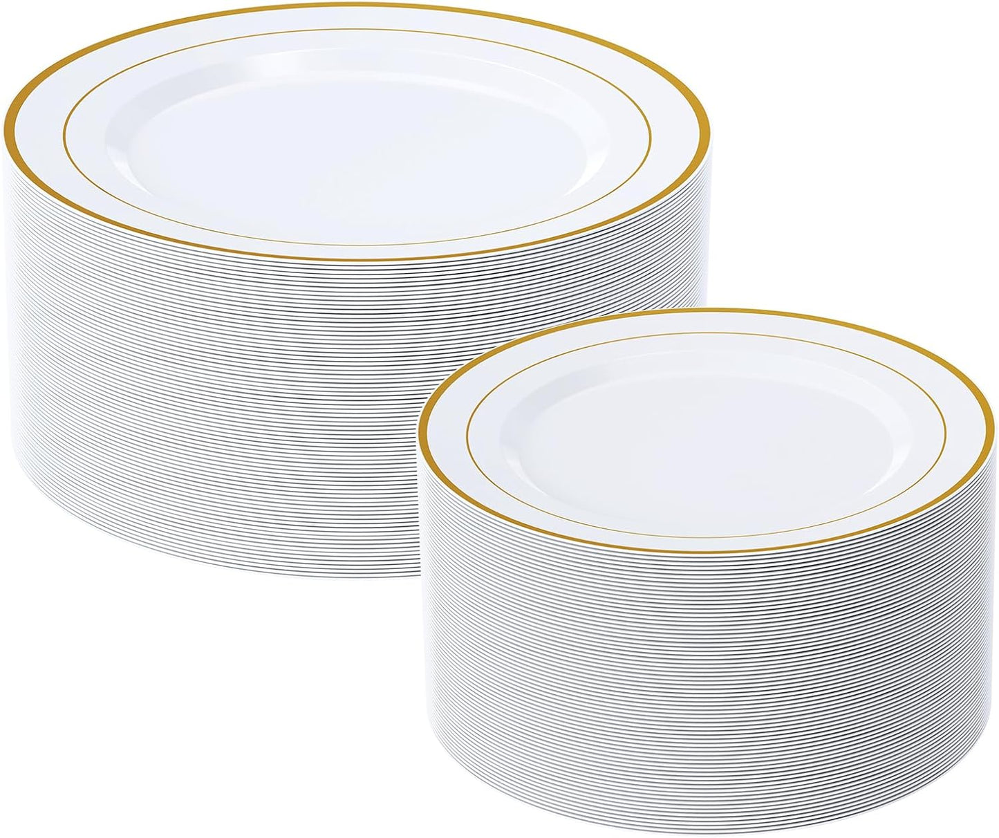 FOCUSLINE Silver Plastic Plates Set of 60, Disposable Plates with Silver Rim 30 Dinner Plates 10" and 30 Salad Dessert Appetizer Plate 7", Elegant Fancy Heavy Duty Wedding Party Plates