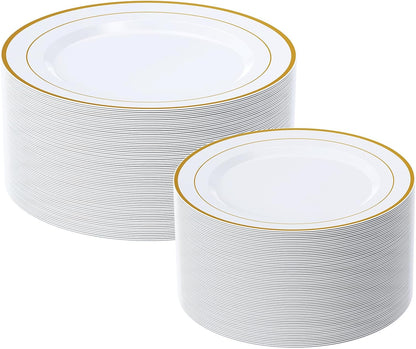 FOCUSLINE Silver Plastic Plates Set of 60, Disposable Plates with Silver Rim 30 Dinner Plates 10" and 30 Salad Dessert Appetizer Plate 7", Elegant Fancy Heavy Duty Wedding Party Plates